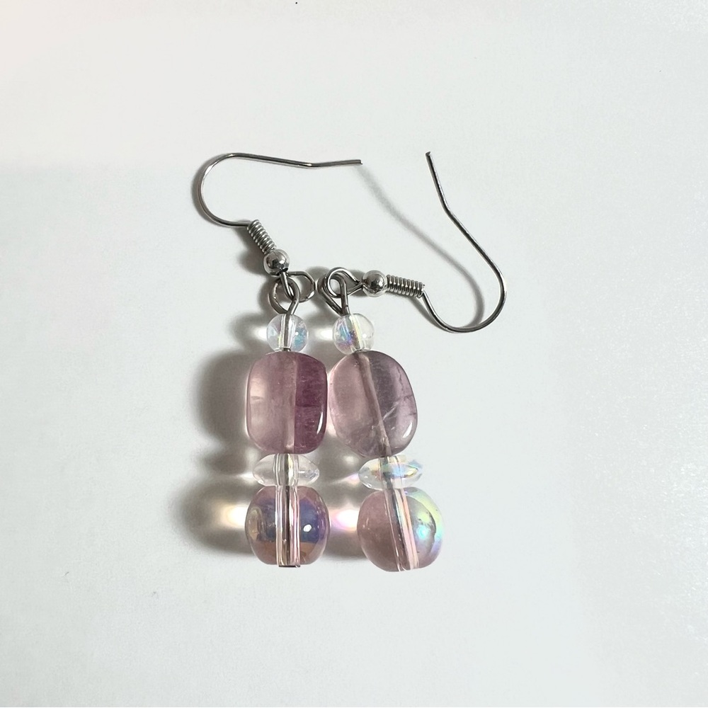 Fluorite & Iridescent Glass Bead Handmade Drop Crystal Earrings New